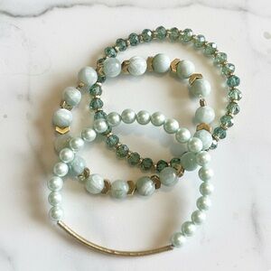 Green & Gold Beaded Bracelet Stack - Mother of Pearl, Quartz, Gold Vermeil